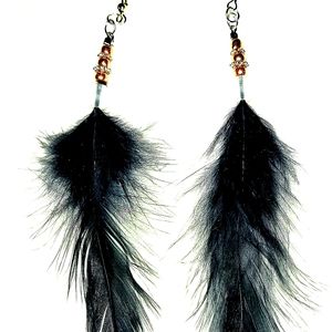 HANDMADE BOHO LONG BLACK ROSE GOLD FEATHER EARRING